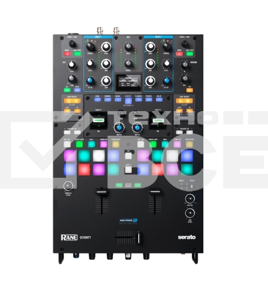 Микшерный пульт [SEVENTYXEU] Rane DJ [SEVENTY] два канала, бесконтактные фейдеры и кроссфейдер, 16 пэдов, два процессора эффектов, два микрофонных входа, два порта USB для подключения ПК либо контроллеров Rane Twelve, ПО Serato DVS Vinyl