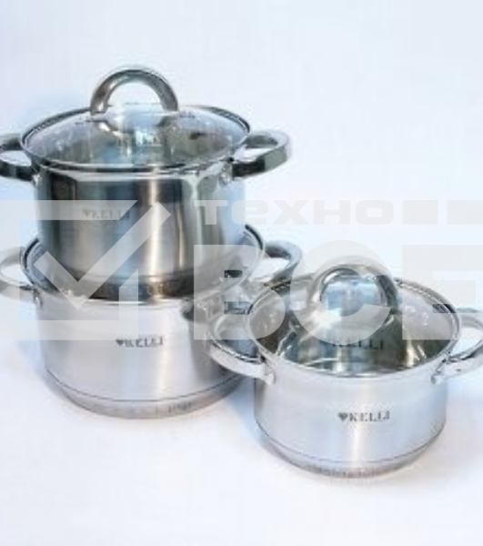 Набор посуды из нержавеющей стали со стеклянными крышками KELLI KL-4246 6 пред. 16 см -2,1; 18- см-2,9; 20 см-3,9 литра. 7-ми слойное капсульное дно. Индукция