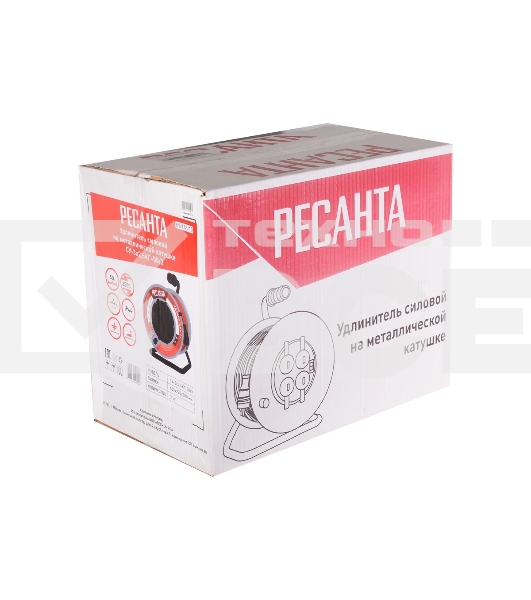 Удлинитель силовой Ресанта СУ-3х2,5КГ-50/3 (61/118/10) 2x1.0 кв.мм 4 розет. 40 м ПВС катушка серый