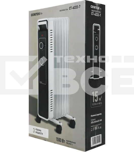Масляный обогреватель Centek CT-6222-7 (7 секций) белый, 600/900/1500 Вт, 15 м2, 3 режима, термостат