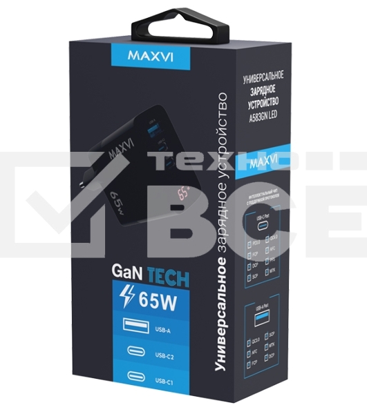 Сетевое зарядное устройство Maxvi A583GN Type-C 65W + Type-C 40W + USB 22W, GAN, PD, QC, LED дисплей, черный