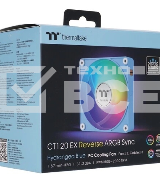 Комплект вентиляторов для корпуса Thermaltake CT120 EX Reverse ARGB Sync (3 шт.) голубой, 120 мм, 2000 об/мин, 31.2 дБ, 4 pin