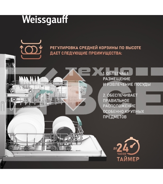 Встраиваемая посудомоечная машина Weissgauff BDW 4160 Real Touch DC Inverter Timer Floor