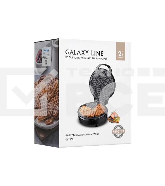 Вафельница Galaxy Line GL 2987, черный с серебристым, с несъемными пластинами, 1200 Вт