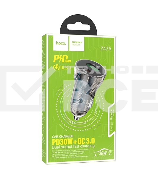 Автомобильная зарядка HOCO Z47A прозрачный 1xUSB-1xUSB-C, 3А PD30W QC3.0, черный
