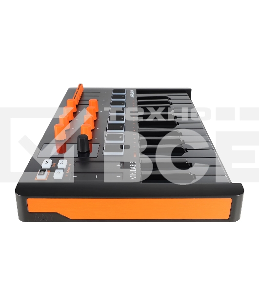 Клавиатура MIDI [231507] Arturia [MiniLAB 3 Orange Edition] 25 клавиш, 8 энкодеров, 8 RGB пэдов, 8 фейдеров, дисплей, сенсорные регуляторы Pitch/Modulation, MIDI-выход, 1/4