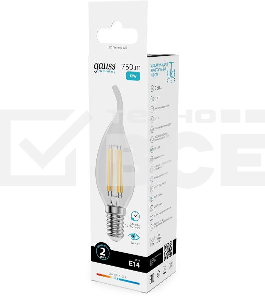 Лампа филам. Gauss Filament 12Вт цок.:E14 свеча св.свеч.бел.нейт. (упак.:10шт) (42122)