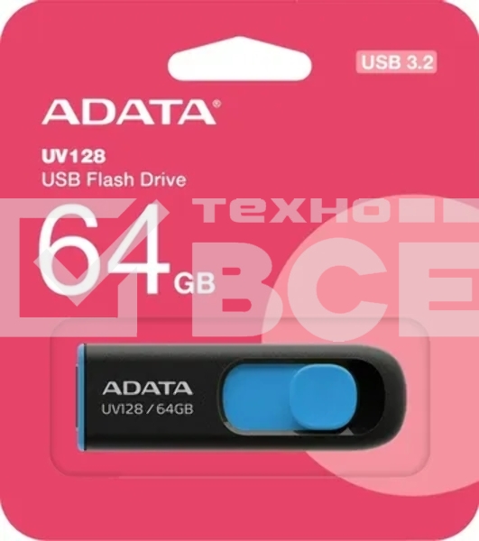 Флешка USB ADATA UV128 (AUV128-64G-RBE), 64Gb, USB 3.0, R/W 100/30, черный/синий