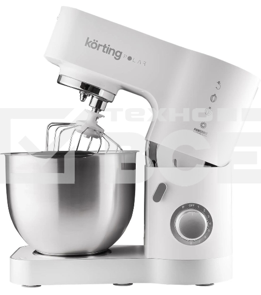 Кухонная машина KORTING KKM 0105 Polar мощность 1200 Вт, 7 насадок (планетарный миксер с 3-мя насадками, мясорубка, насадка для колбас, насадка для кеббе, насадка-блендер), объем чаши 5.5 л, 8 скоростей, импульсный режим, механическое управление, белый