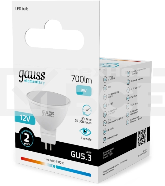 Лампа светодиодная Gauss Elementary 9Вт цок.:GU5.3 софит 12B св.свеч.бел.нейт. (упак.:10шт) (11529)