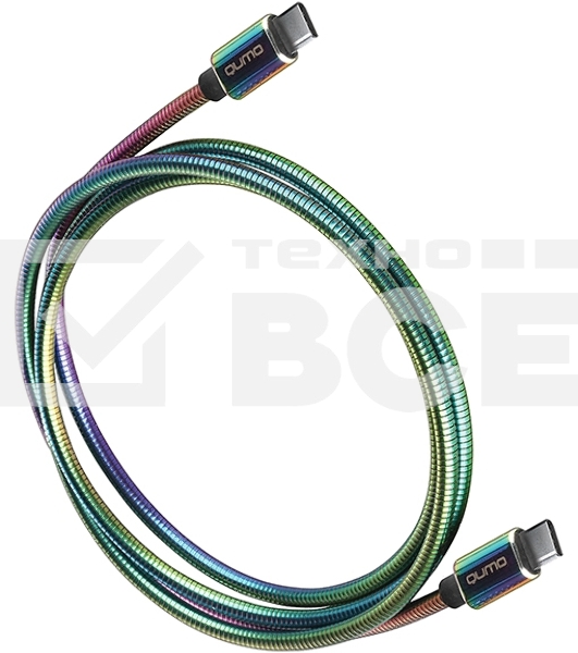 Кабель Qumo, Type С - Type C, USB 3.0, 1,2м, 5-20В, 5А, 100 Вт, опл. металл. пружинка, кон. металл, rainbow