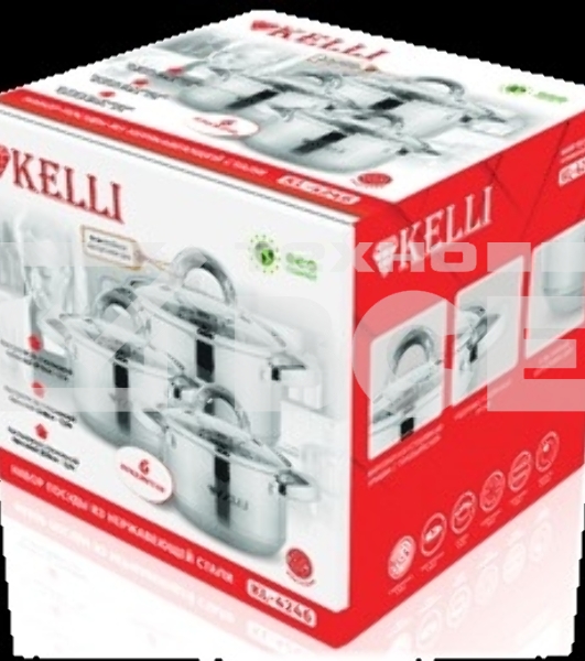 Набор посуды из нержавеющей стали со стеклянными крышками KELLI KL-4246 6 пред. 16 см -2,1; 18- см-2,9; 20 см-3,9 литра. 7-ми слойное капсульное дно. Индукция