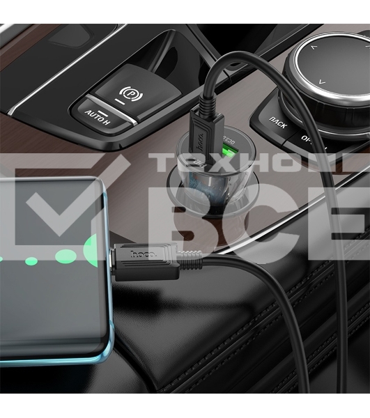 Автомобильная зарядка HOCO Z47A прозрачный 1xUSB-1xUSB-C, 3А PD30W QC3.0, черный