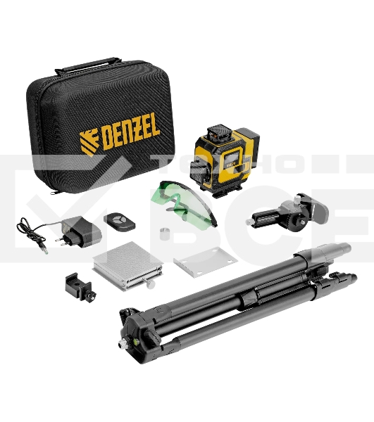 Лазерный уровень мультипризменный Denzel DLV 360-4T, 30 м, зеленый луч, Li-Ion 2,4 Aч, штатив