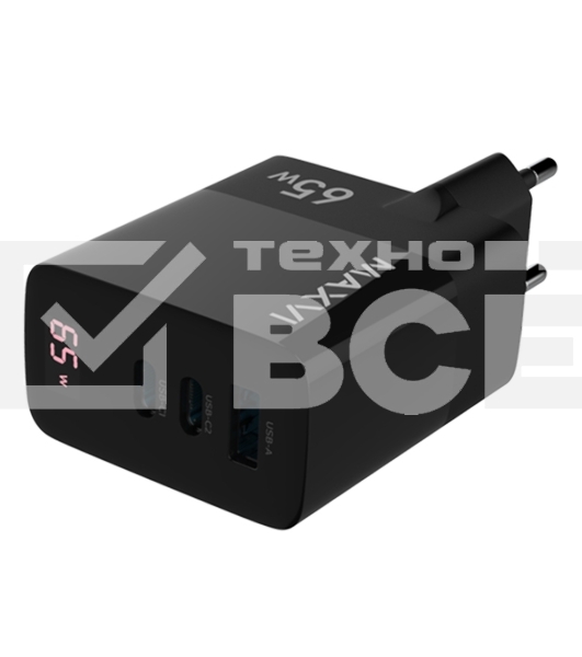 Сетевое зарядное устройство Maxvi A583GN Type-C 65W + Type-C 40W + USB 22W, GAN, PD, QC, LED дисплей, черный