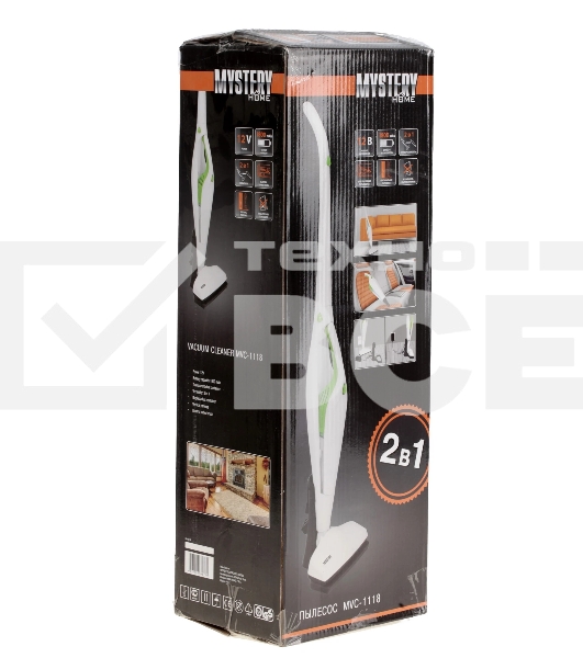 Пылесос вертикальный Mystery MVC-1118 белый/зеленый, питание от аккумулятора, 300 Вт, уборка сухая, пылесборник 0.5 л, работа от АКБ max 30 мин