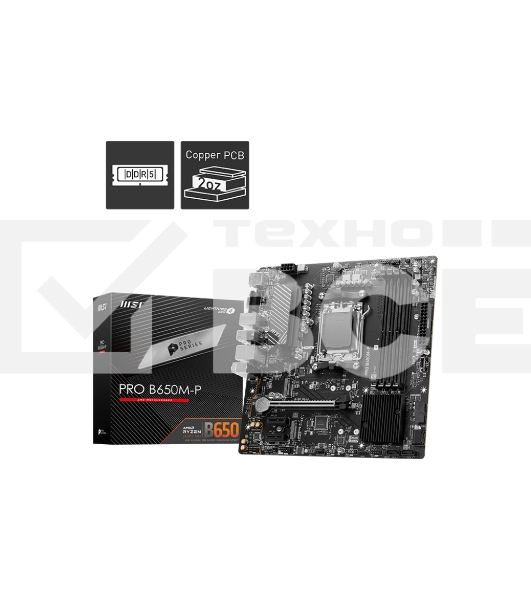 Материнская плата MSI PRO B650M-P, AM5, AMD B650, 4xDDR5, 4xSATA, 2xM.2, 1xPCI-E 4.0 x16, 2xPCI-E 4.0 x1, 1xHDMI, 1xDP, 1xVGA, 1x2.5Gb LAN, 2xUSB 3.2 Gen 1, 2xUSB 3.2 Gen 2, 3x3.5 мм, 7.1, Micro-ATX