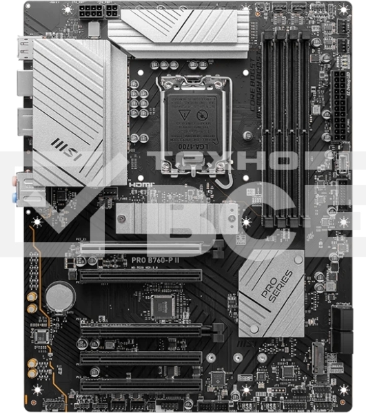 Материнская плата MSI PRO B760-P II, LGA 1700, Intel B760, 4xDDR5, 4xSATA, 2xM.2, 1xPCI-E 4.0 x16, 1xPCI-E 4.0 x4, 3xPCI-E 3.0 x1, 1xHDMI, 1xDP, 1xRJ45 2.5Gb, 1xUSB-C 3.2 Gen 2, 2xUSB-A 3.2 Gen 1, 2xUSB-A 2.0, 5x3.5мм, TOSLINK, 7.1, Standard-ATX