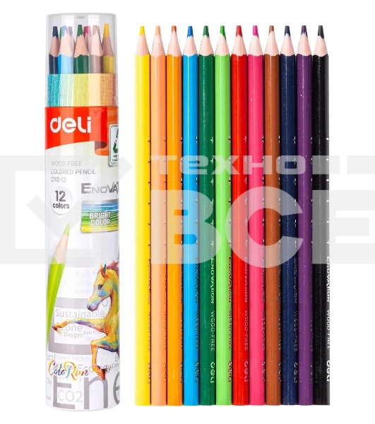 Карандаши цветные Deli EC112-12 Enovation трехгран. пластик 12цв. карт.тубус (12шт)