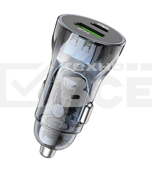 Автомобильная зарядка HOCO Z47A прозрачный 1xUSB-1xUSB-C, 3А PD30W QC3.0, черный