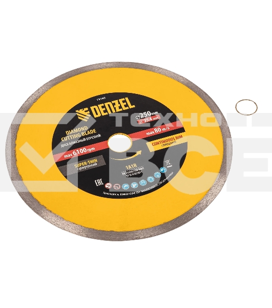 Диск алмазный сплошной Denzel супертонкий, 250 х 25,4 мм, горячее прессование, мокрое резание