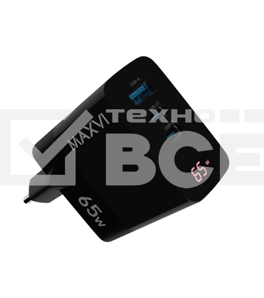Сетевое зарядное устройство Maxvi A583GN Type-C 65W + Type-C 40W + USB 22W, GAN, PD, QC, LED дисплей, черный