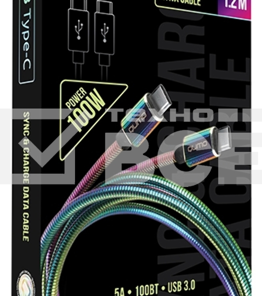 Кабель Qumo, Type С - Type C, USB 3.0, 1,2м, 5-20В, 5А, 100 Вт, опл. металл. пружинка, кон. металл, rainbow
