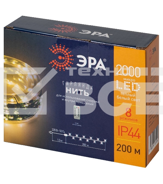 Гирлянда Нить ЭРА ENIN-2000G теплый свет, 200 м, 2000 microLED, IP44, 220В