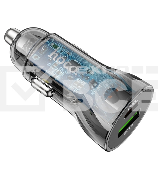 Автомобильная зарядка HOCO Z47A прозрачный 1xUSB-1xUSB-C, 3А PD30W QC3.0, черный