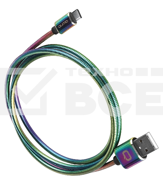 Кабель Qumo, USB 2.0-Type C, 1м, 5/9/12В, 5A, 22.5Вт (Huawei FCP и SCP), опл. металл. пружинка, кон. металл, rainbow