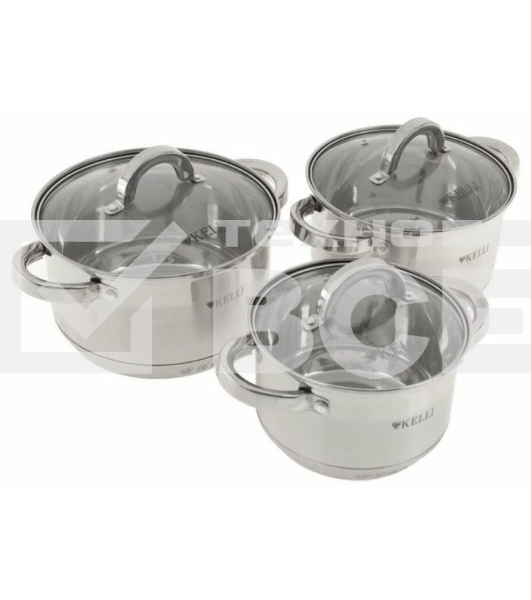 Набор посуды из нержавеющей стали со стеклянными крышками KELLI KL-4246 6 пред. 16 см -2,1; 18- см-2,9; 20 см-3,9 литра. 7-ми слойное капсульное дно. Индукция
