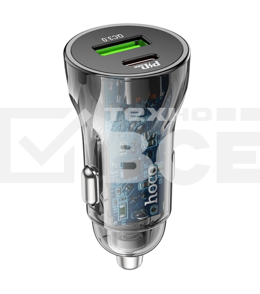 Автомобильная зарядка HOCO Z47A прозрачный 1xUSB-1xUSB-C, 3А PD30W QC3.0, черный