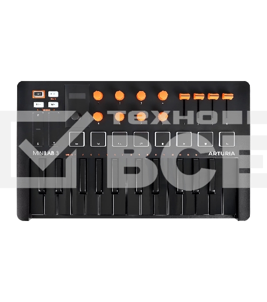 Клавиатура MIDI [231507] Arturia [MiniLAB 3 Orange Edition] 25 клавиш, 8 энкодеров, 8 RGB пэдов, 8 фейдеров, дисплей, сенсорные регуляторы Pitch/Modulation, MIDI-выход, 1/4