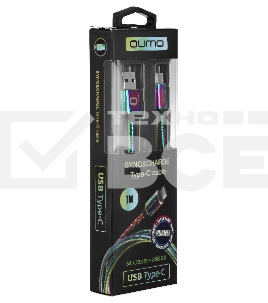 Кабель Qumo, USB 2.0-Type C, 1м, 5/9/12В, 5A, 22.5Вт (Huawei FCP и SCP), опл. металл. пружинка, кон. металл, rainbow