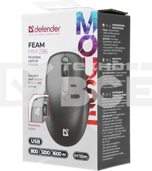 Мышь беспроводная Defender Feam MM-296 черный, 1600 dpi, радиоканал, USB, кнопки - 4