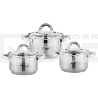 Набор посуды из нержавеющей стали со стеклянными крышками KELLI KL-4246 6 пред. 16 см -2,1; 18- см-2,9; 20 см-3,9 литра. 7-ми слойное капсульное дно. Индукция