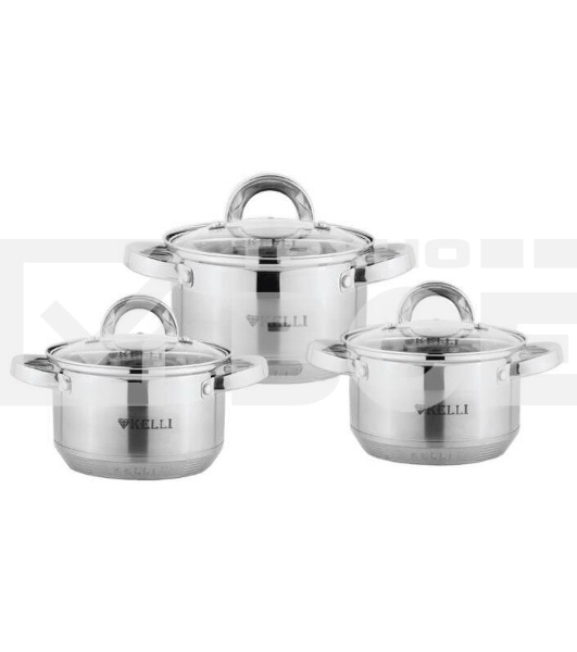 Набор посуды из нержавеющей стали со стеклянными крышками KELLI KL-4246 6 пред. 16 см -2,1; 18- см-2,9; 20 см-3,9 литра. 7-ми слойное капсульное дно. Индукция