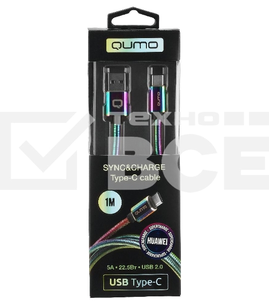 Кабель Qumo, USB 2.0-Type C, 1м, 5/9/12В, 5A, 22.5Вт (Huawei FCP и SCP), опл. металл. пружинка, кон. металл, rainbow