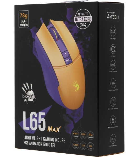 Мышь проводная A4Tech Bloody L65 Max желтый/фиолетовый, 12000 dpi, USB, кнопки - 7
