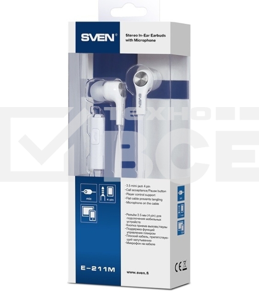 Наушники внутриканальные с микрофоном SVEN E-211M белый