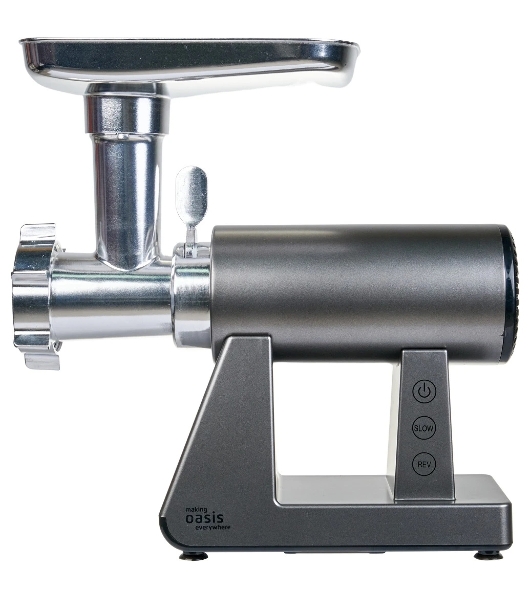 Мясорубка электрическая OASIS MG-DM1 серый, 2500 Вт, 1.5 кг/мин, реверс, защита от перегрузки, металлический лоток, насадки - 8