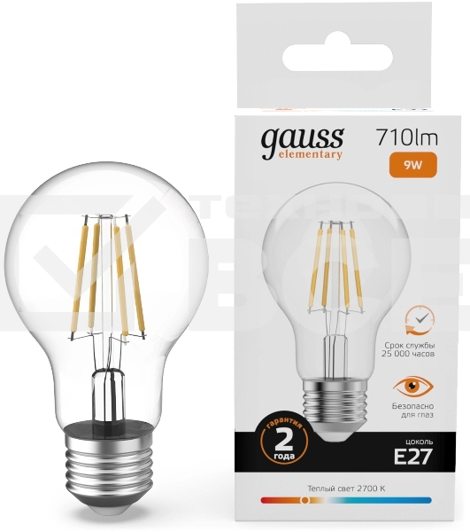 Лампа филам. Gauss Filament 9Вт цок.:E27 груша св.свеч.бел.теп. (упак.:10шт) (22219)