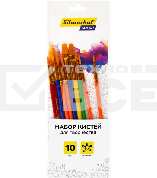 Набор кистей Silwerhof Color (набор 10шт) синтетика круглая №2,3/плоская №3,6,7,12/овальная №3,10