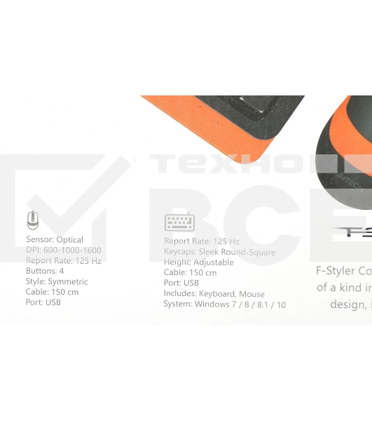 Комплект клавиатура+мышь A4Tech FStyler F1010 проводной, USB, 1600 DPI, чёрный/оранжевый