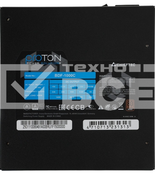 Блок питания Chieftec BDF-1000C, 1000Вт, 80 PLUS Bronze, 140мм, модульный, черный