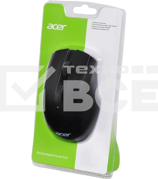 Мышь беспроводная Acer OMR030 черный, 1600 dpi, радиоканал, USB, кнопки - 4