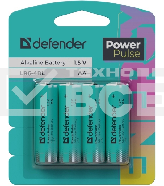 Батарейка алкалиновая Defender LR6-4BL АА, блистер, 4 шт., PowerPulse