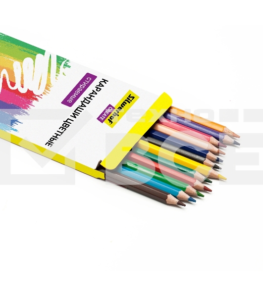 Карандаши цветные Silwerhof Create 3мм, шестигранный профиль, пластик, ассорти, 12 цветов, коробка с европодвесом ластик