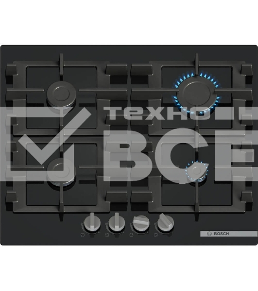 Поверхность газовая Bosch PNP6B6K40 Газ, 4.5х59x52 см, закаленное стекло, 4 конфорки, газ-контроль, автоподжиг, черный