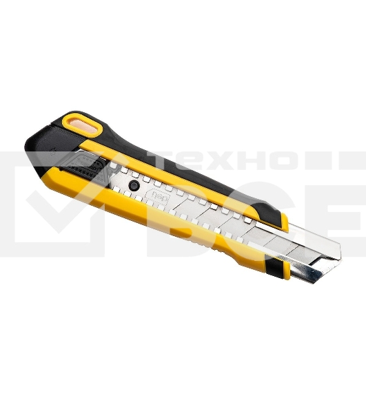 Технический нож Deli DL025 25мм SK4. 2-ступенчатое лезвие. Ударопрочный и обрезиненный корпус. Кнопка автоматической блокировки.